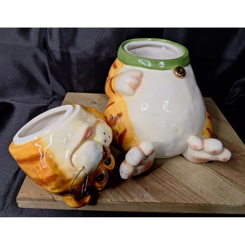 Vintage DCI Jim Orange 1990s Cat Ceramic Cookie Jar Green Collar Wire Whiskers